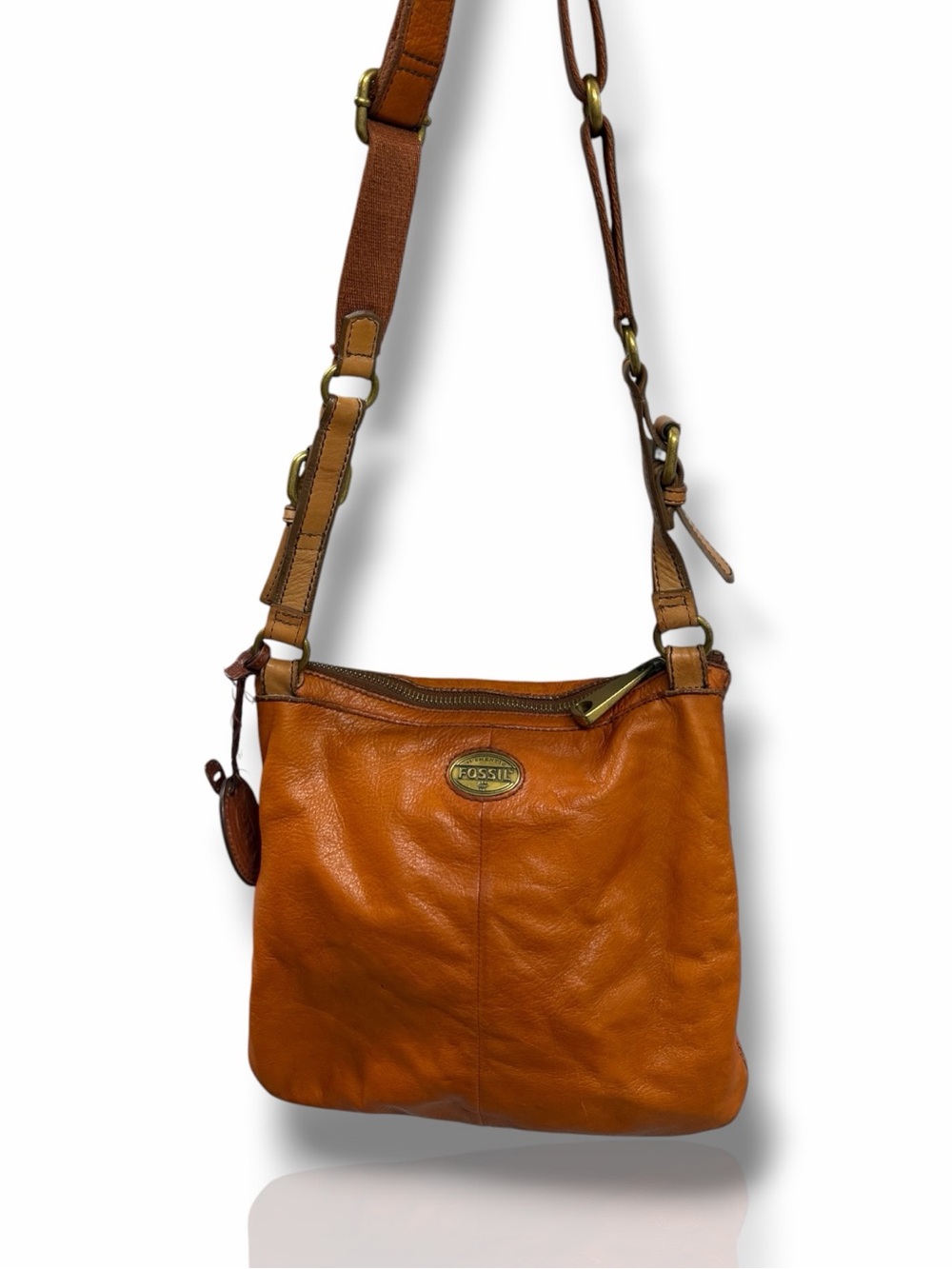 Fossil Explorer Crossbody Bag Orange Cognac Pebbled Leather Brass Vintage